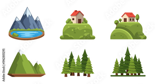 Green trees and mountain landscape icons.