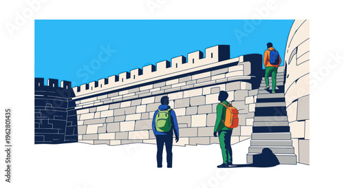 People standing on stairs and wall.