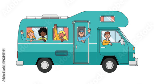 Teal recreational vehicle with people inside.