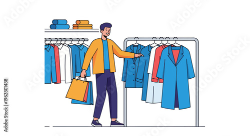 Man holding shopping bag and shirt.