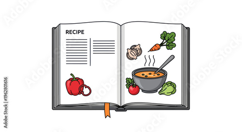 Open Recipe Book with Food Illustrations.