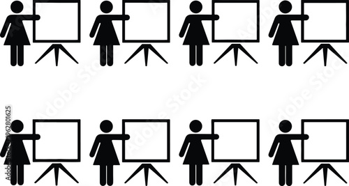 Eight stick figure women presenting on whiteboards, symbolizing education, business presentations, and teaching.