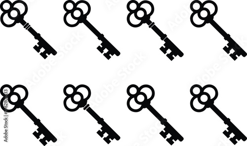 Group of eight antique skeleton keys in silhouette, representing secrets, access, and historical mystery.