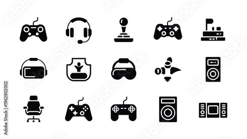 Gaming, Entertainment, Technology, Virtual Reality, Multimedia icons showing controllers, headset, joystick, console, speaker, film reel, and gaming chair