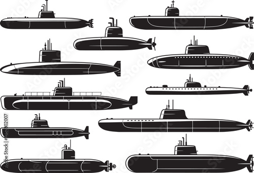 Collection of submarine silhouettes in different styles on transparent background, naval vessels