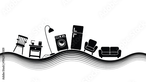 Home, Furniture, Interior, Design, Lifestyle icons showing chair, sofa, washing machine, refrigerator, lamp, and modern household decor elements