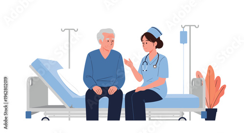 Caring young nurse in blue scrubs talking kindly to elderly male patient sitting on white hospital bed in ward.