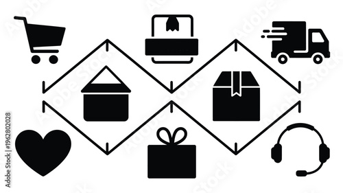 E‑commerce, Shopping, Delivery, Customer Service, Online icons showing cart, truck, box, gift, headset, and workflow proces