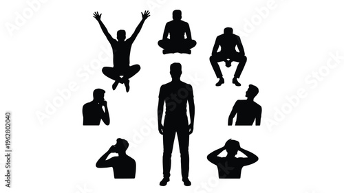 Human silhouettes showing study, work, focus, productivity, technology with various postures and gestures for education and lifestyle concepts