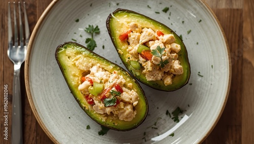 Palta Reina is a well-liked Chilean appetizer featuring a peeled avocado filled with chicken salad, presented on a plate. Top-down horizontal view