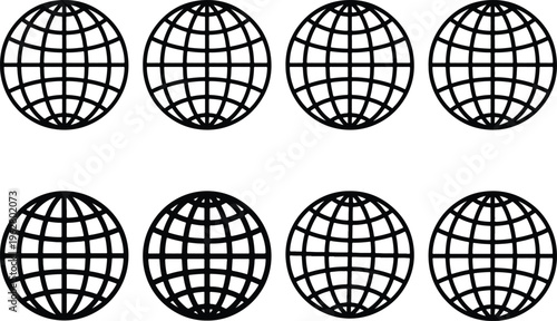 Eight black icons of a globe, representing the planet Earth, international concepts, and global awareness in a simplified design.