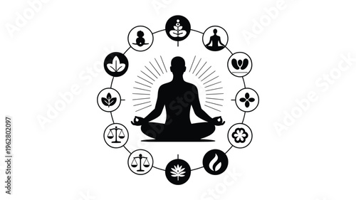 Meditation silhouette illustration featuring yoga pose balance, lotus flower harmony, heart nature wellness, scales equilibrium, flame energy, leaf health artwork and mindfulness lifestyle design coll
