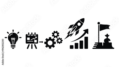 Innovation process silhouette illustration featuring idea light bulb, planning strategy board, gears development, rocket growth launch, success flag achievement artwork and business progress design 