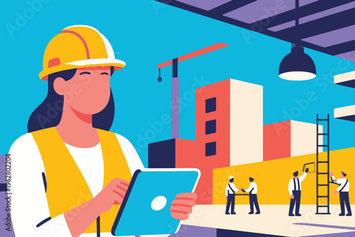 Construction manager with tablet overseeing site, stylized vector illustration of teamwork and modern building.