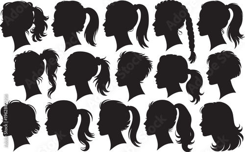 Female profile silhouettes featuring different hair styles and ponytails for beauty and fashion use