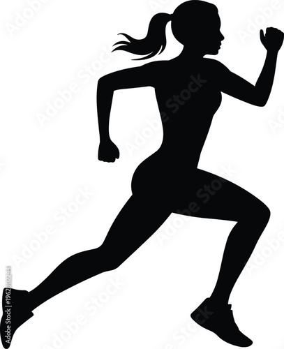 Running woman silhouette, fitness activity, athletic motion, ponytail runner, health lifestyle, sports training, outdoor exercise, dynamic stride, energy, determination