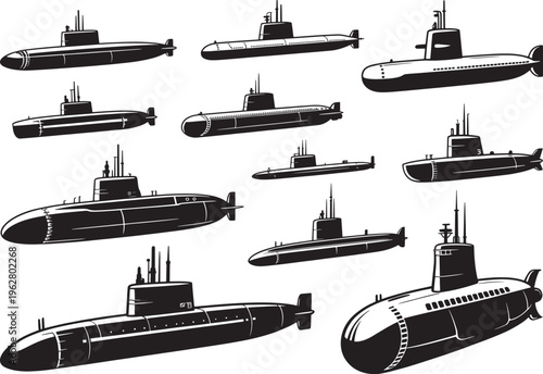 Set of various submarine silhouettes isolated on transparent background, underwater military vessel collection