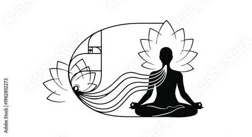 Silhouette of a person meditating in a lotus position with flowing energy lines connecting to a Fibonacci spiral and lotus flowers.