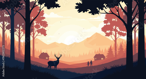 Peaceful landscape at sunset features deer in meadow with family walking and small cottages in forest near mountains.