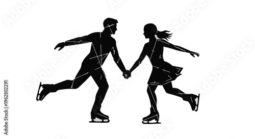Two figure skaters hold hands while gliding across the ice in a stylized silhouette design.