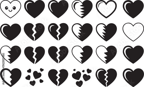 Broken heart collection with various crack patterns and solid black shapes for emotional expressions