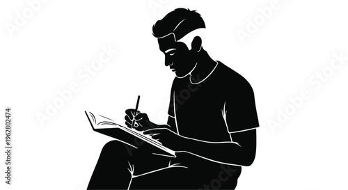 Student silhouette focuses intently while writing notes in an open book illustrating study habits and dedicated learning.
