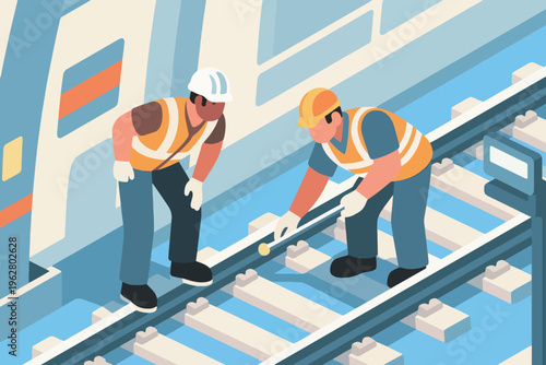 Railway workers inspecting and adjusting track near train, stylized vector illustration of maintenance and teamwork.
