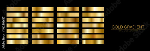 Gold gradient Foil swatches. Metallic Palette. Luxury Vector set of champagne texture patterns. Holographic background.