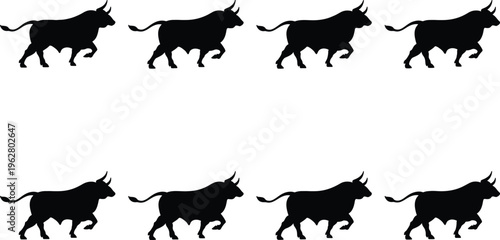 Eight black silhouette bulls charging forward in a repeating pattern on a white background, representing power, strength, and aggression.