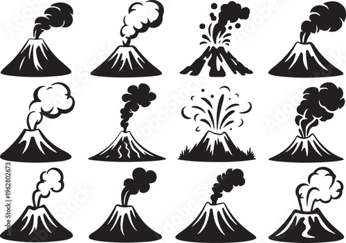 Set of silhouettes of volcanoes isolated on transparent background vector illustration
