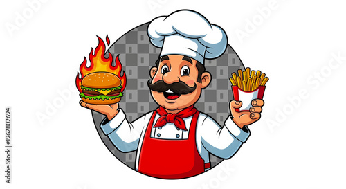 A fun cartoon illustration of a mustache chef in a pizzeria uniform using a fire extinguisher to put out a burning cigarette near a kitchen menu