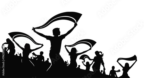 Silhouetted fans cheer enthusiastically from stadium seating while waving large flowing banners above their heads in celebration.