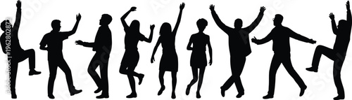 Group dancing silhouettes, joyful celebration, party crowd energy, unity in motion, festive dance poses, social gathering fun, expressive movement art, community spirit