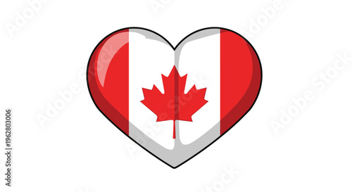 Iconic red and white flag of canada featuring maple leaf symbol inside glossy heart shape on white background.