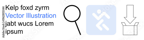 Digital technology, user interface design, navigation tools, exploration, data access, emergency exits. Magnifying glass, running figure icon and download arrow with a box. User interface design