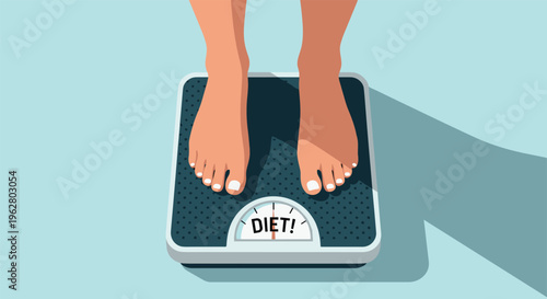Top view of human feet standing on mechanical bathroom scale with arrow pointing to the word diet on the dial.
