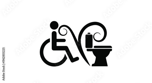 Stylized accessibility symbol shows a figure in a wheelchair next to a toilet bowl with decorative swirls indicating accessible restroom facilities.