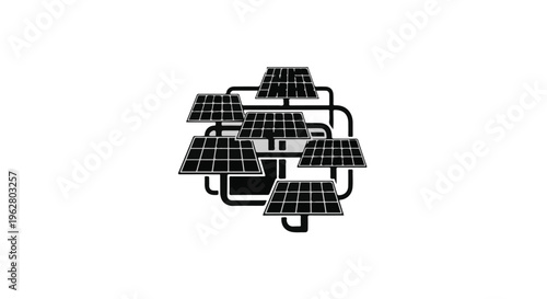 Multiple photovoltaic solar panels are interconnected in a compact cluster representing renewable energy generation technology.