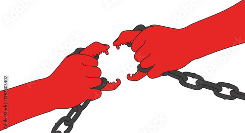 Two red hands breaking a chain.