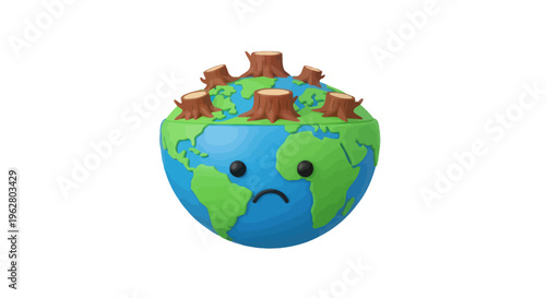 Earth with sad face and trees.