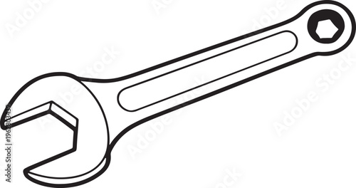 Black and white line of a combination wrench with open end and hexagonal socket tool