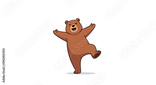 Happy brown bear character dancing joyfully on one leg with a big smile against a simple white background for kids.