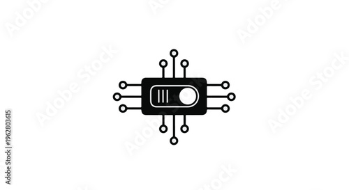 A rectangular integrated circuit chip featuring an internal toggle switch design is centered on a white background for electronic concepts.