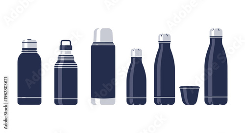 Collection of dark blue vacuum flasks.