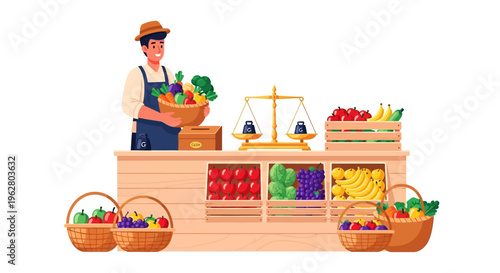 Farmer selling fresh organic produce at market stall.