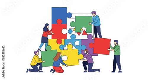 Diverse people working together puzzle pieces.