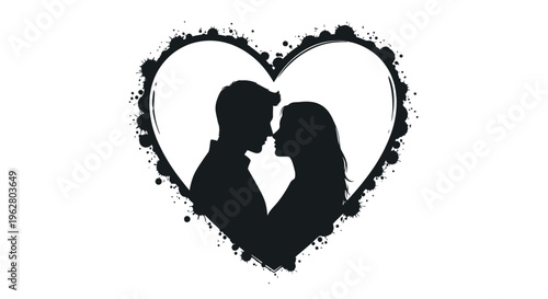 Silhouette of Loving Couple Kissing Heart.