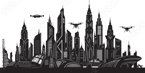 Futuristic cityscape with skyscrapers and flying drones at night