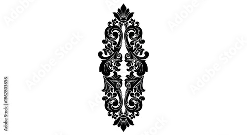 Intricate black damask ornamental design element.