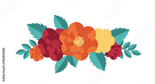 Colorful flowers with green leaves arrangement.